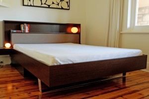 custom furniture - palm bed veneer upholstered bedhead sled leg - koush